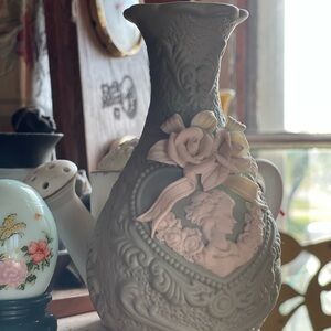 Gray and Pink Neoclassical Ceramic Vase with Cherub Design
